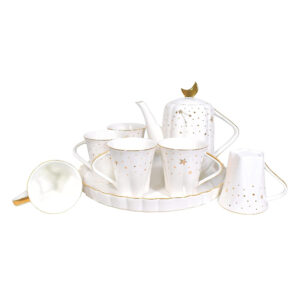 Lxury Gold Rim Afternoon Tea Time Serving Ceramic Tea Set with Tea Pot 6oz Cups 