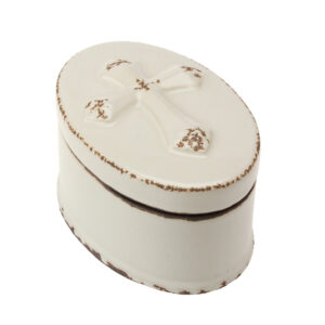Small Oval Rustic White Ceramic Cross Trinket Box