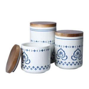 Classic Blue and White Ceramic Canister Jar Set with Bamboo Lid for Coffee Tea Candy