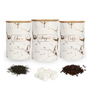 Set of 3 White Kitchen Ceramic Canister Sets Airtight Coffee Sugar Tea Storage Containers Pots Jars with Bamboo Lid 