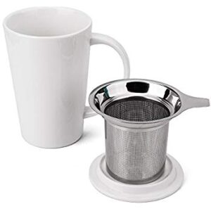 High White Ceramic Tea Mug With Strainer And Lid