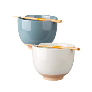 Set of 2  Ceramic Soup Noodle Ramen Bowls with Chopsticks