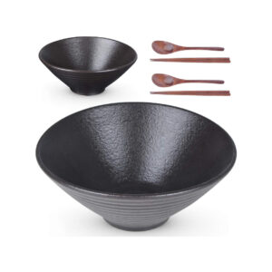 Black Large Ceramic Japanese Ramen Noodle Soup Bowl with Chopsticks and Spoons