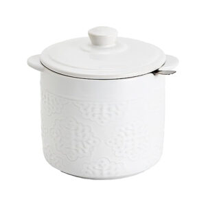 Modern Embossed Ceramic Grease Container Keeper with Metal Stainless Steel Strainer and Lip