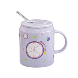 13OZ Cute Strawberry Pattern Kids Ceramic Milk Water Cup Porcelain Coffee Mug with Lid and Straw
