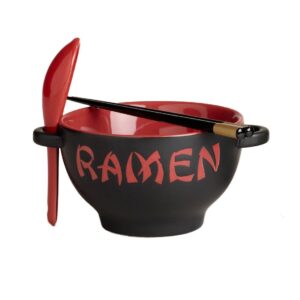 Black And Red Ceramic Noodle Ramen Bowl Set with Chopsticks and Spoon