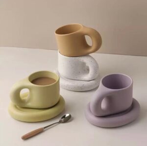 Chunky Ceramic Coffee Cup Scandinavian Large Handle Coffee Mug With Saucer Nordic Fat Mug